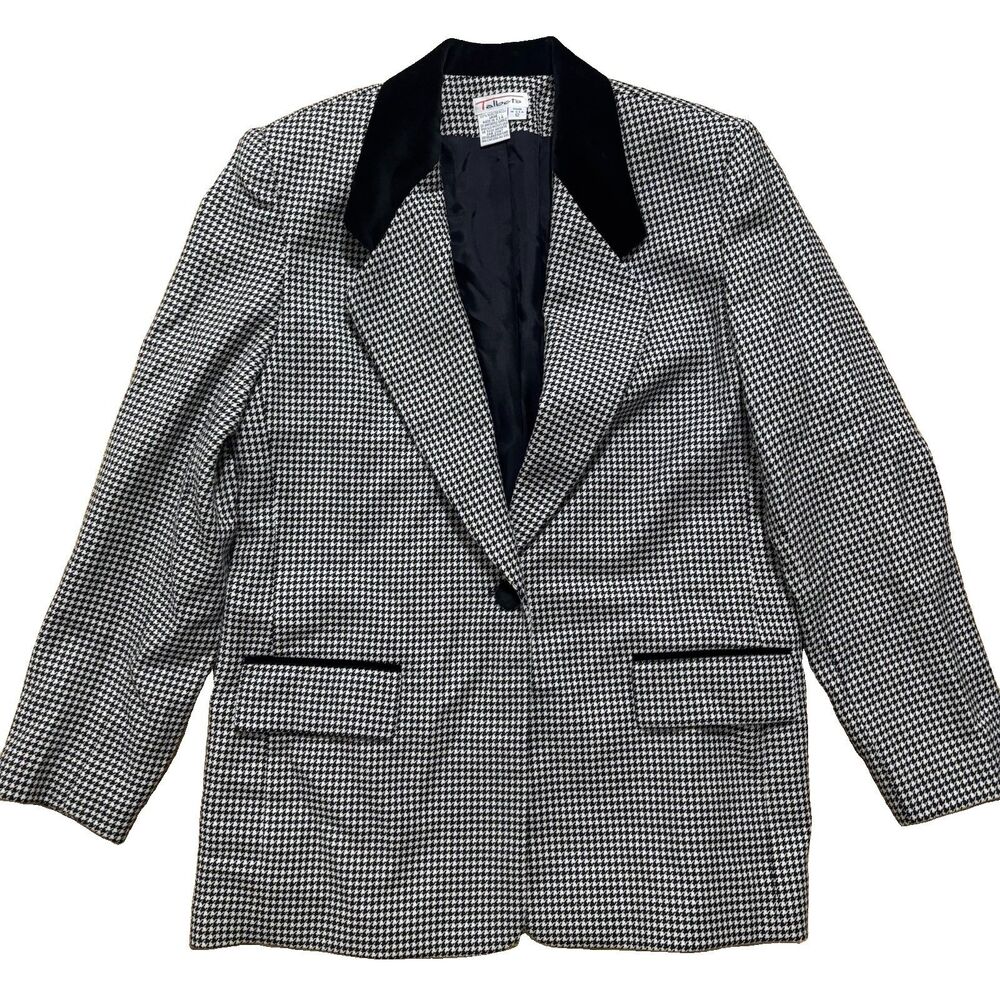 Talbots Worsted Wool Blazer Sz 12 Black Houndstooth Old Money Preppy Vtg 90s USA